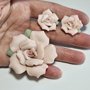Vintage Porcelain Pink Roses Post Earrings Brooch Pin Set